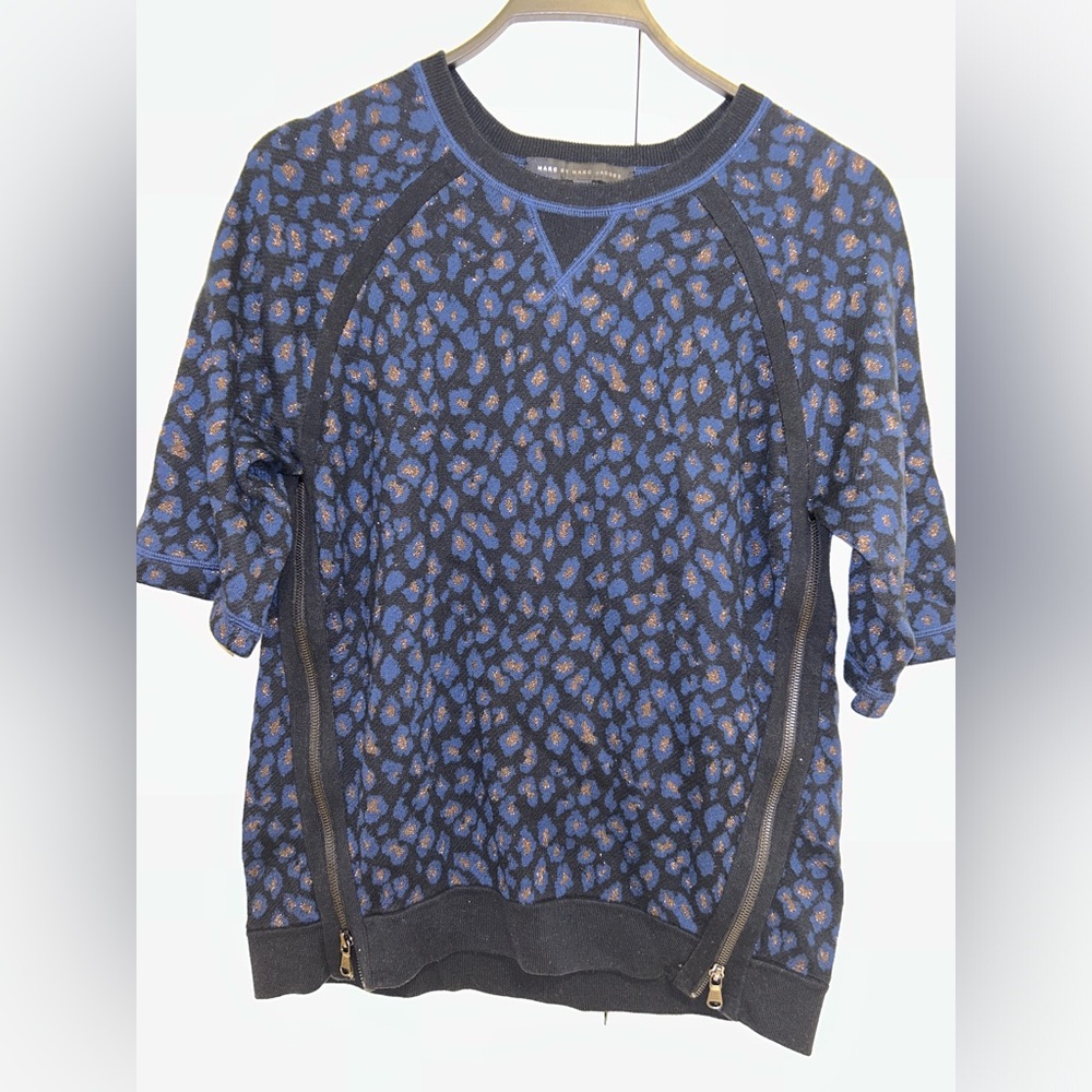 Marc Jacobs Blue Leopard Print 1/4 Sleeve Sweater